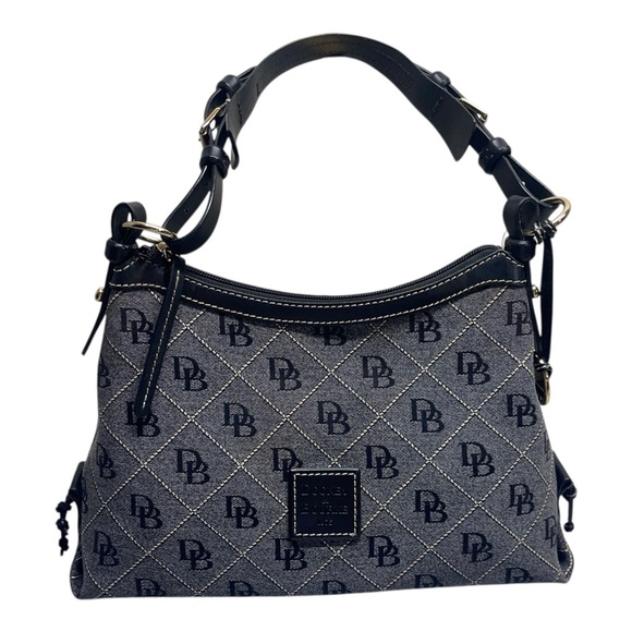 Dooney & Bourke Handbags - Dooney & Bourke Black Leather Trim Gray Canvas Signature Logo DB Shoulder Bag
